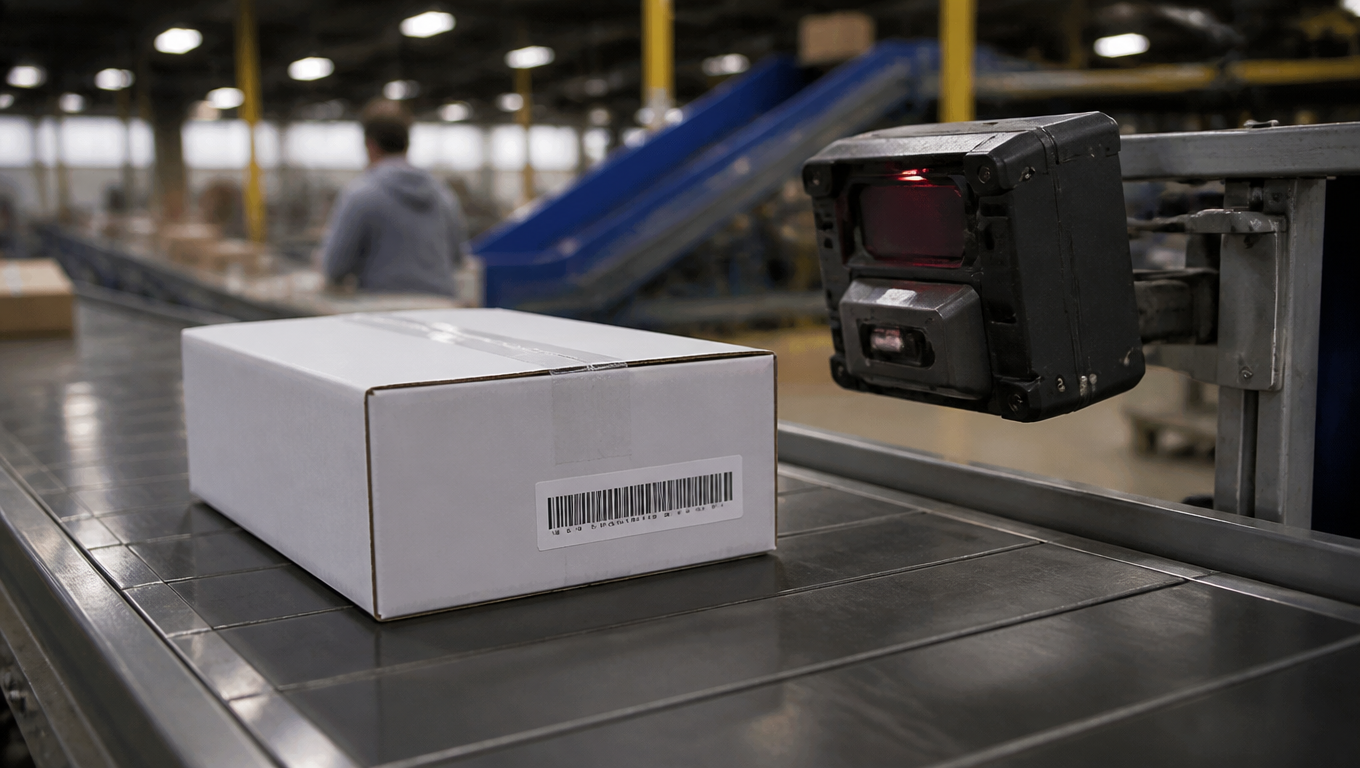 A USPS parcel with an Intelligent Mail package barcode label passing a scanner at a package sorting facility, conveyor belt, shallow depth of field