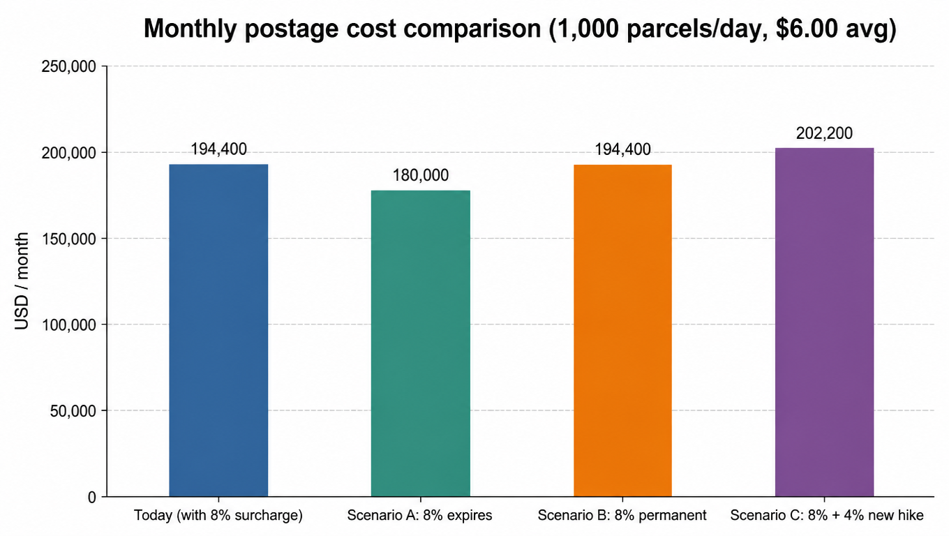 Monthly postage cost comparison: today with the 8% surcharge $194,400; Scenario A $180,000; Scenario B $194,400; Scenario C $202,200