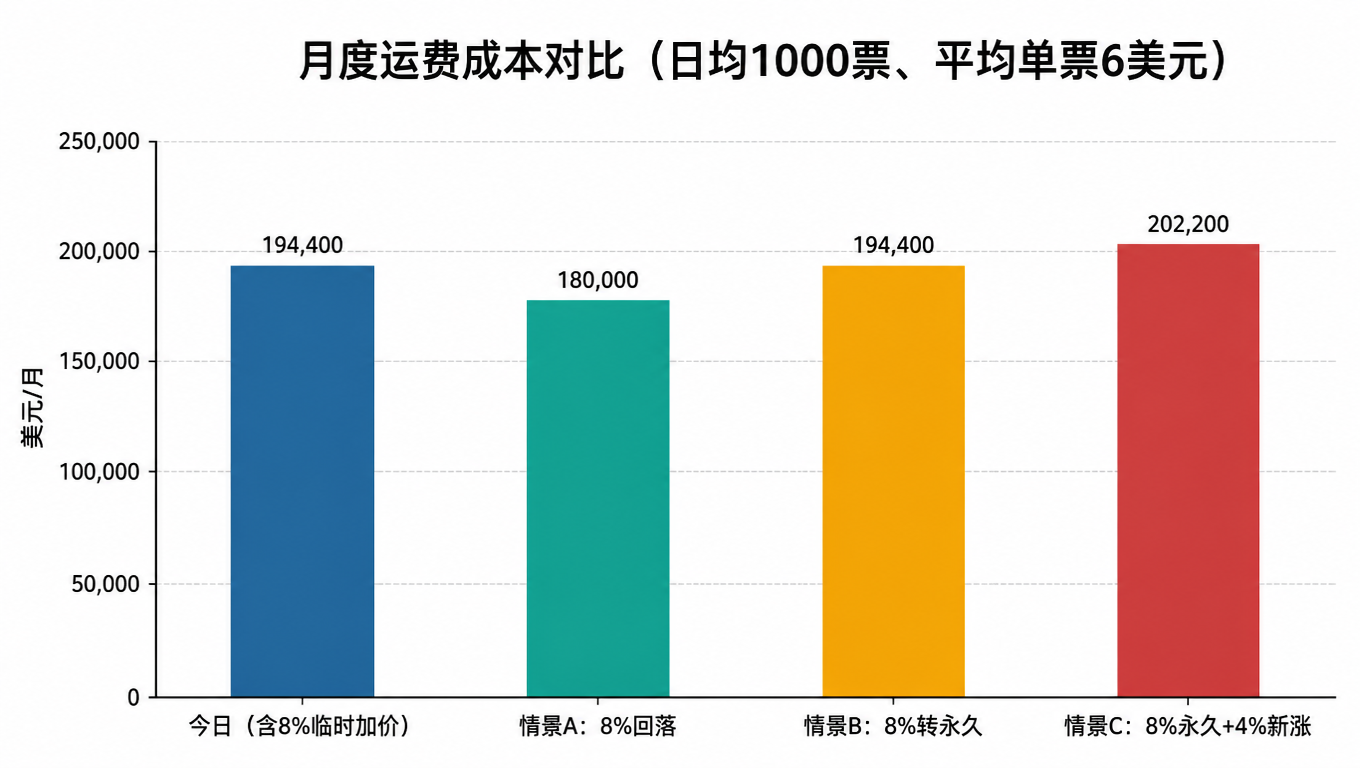 月度运费成本对比:今日含 8% 临时加价 19.44 万美元,情景 A 回落 18 万,情景 B 转永久持平 19.44 万,情景 C 叠加 4% 新涨 20.22 万