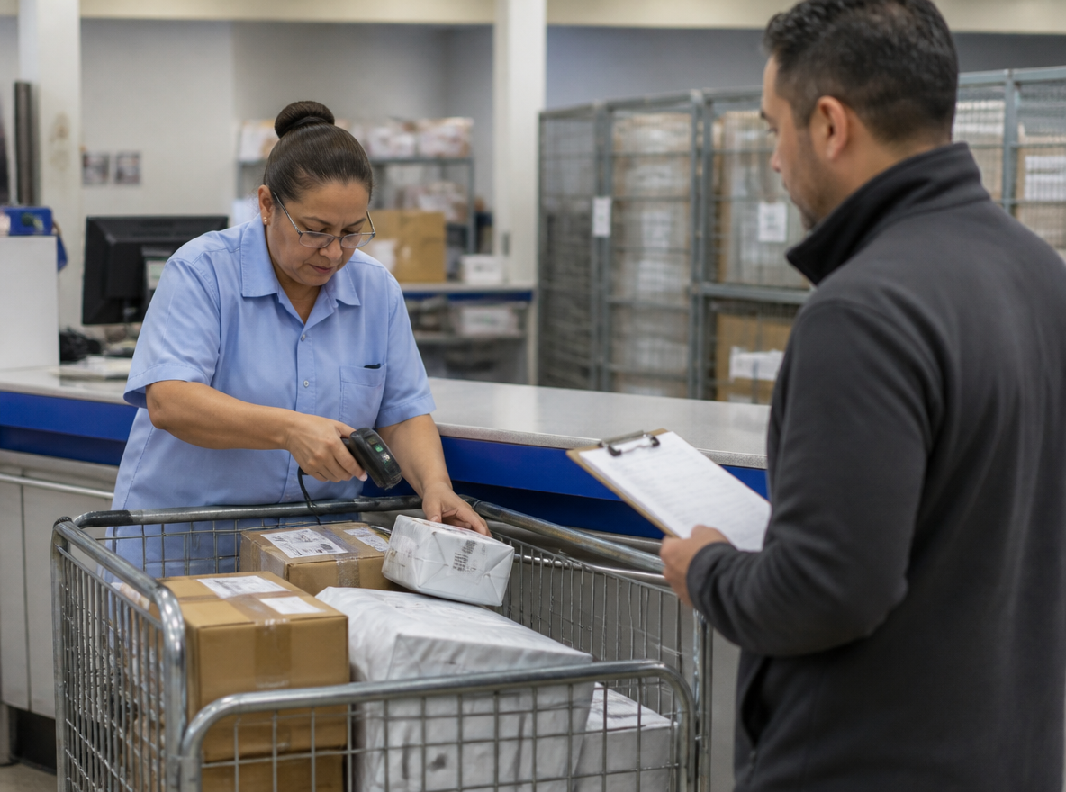 A postal clerk at a USPS counter processes a cart of parcels while a shipper waits, clipboard in hand