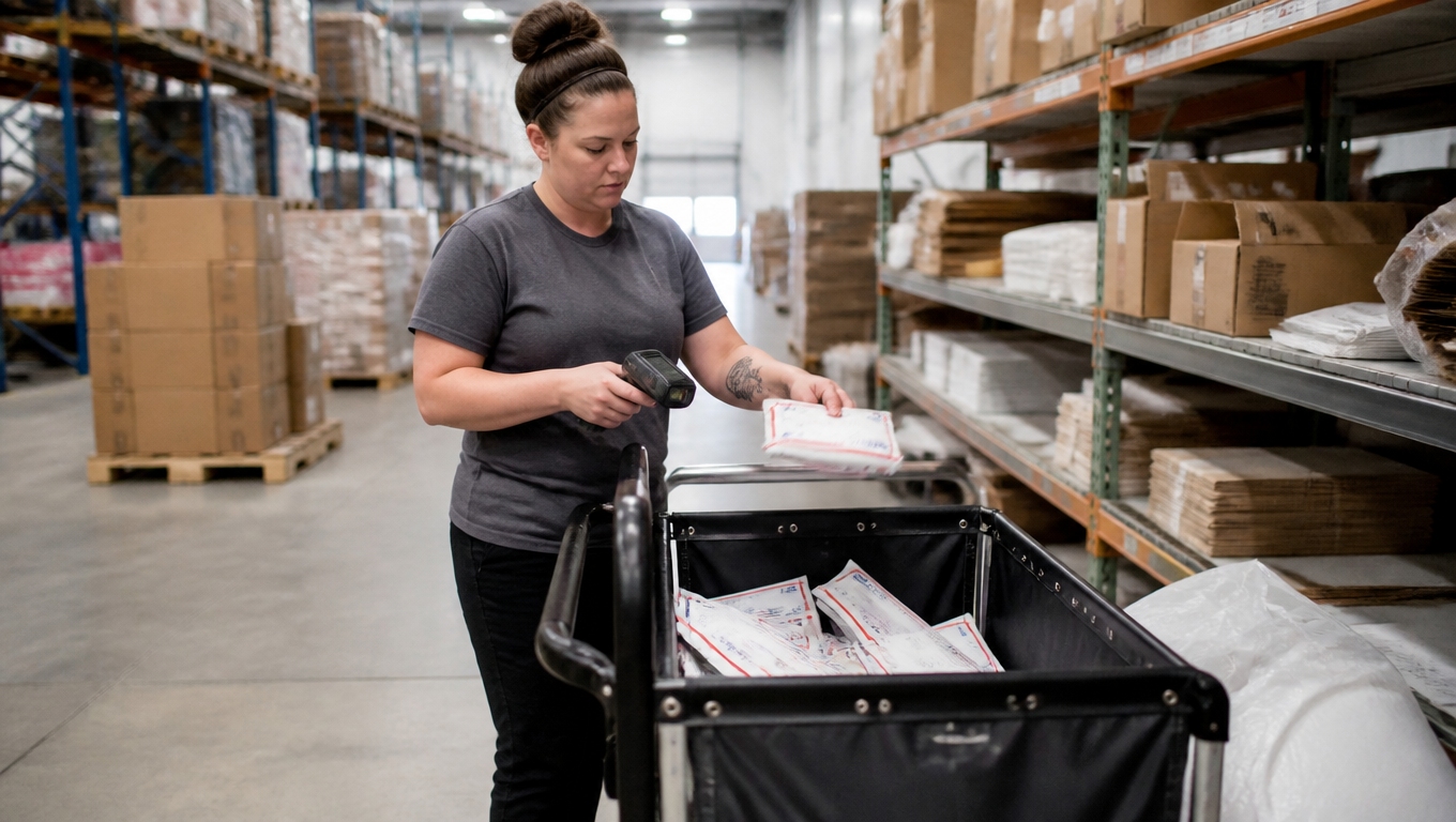 A fulfillment warehouse pack station where a worker scans USPS parcels into a rolling cart before dispatch, stacked boxes on shelves behind