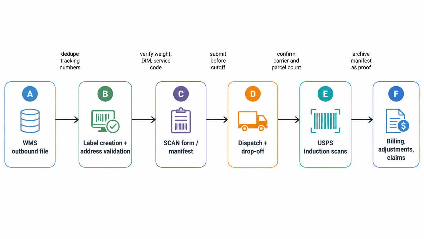 Flowchart: WMS outbound file dedupes tracking numbers, label creation with address validation, verify weight DIM and service code, SCAN form manifest, submit before cutoff, dispatch and drop-off, confirm carrier and parcel count, USPS induction scans, archive manifest as proof for billing adjustments and claims