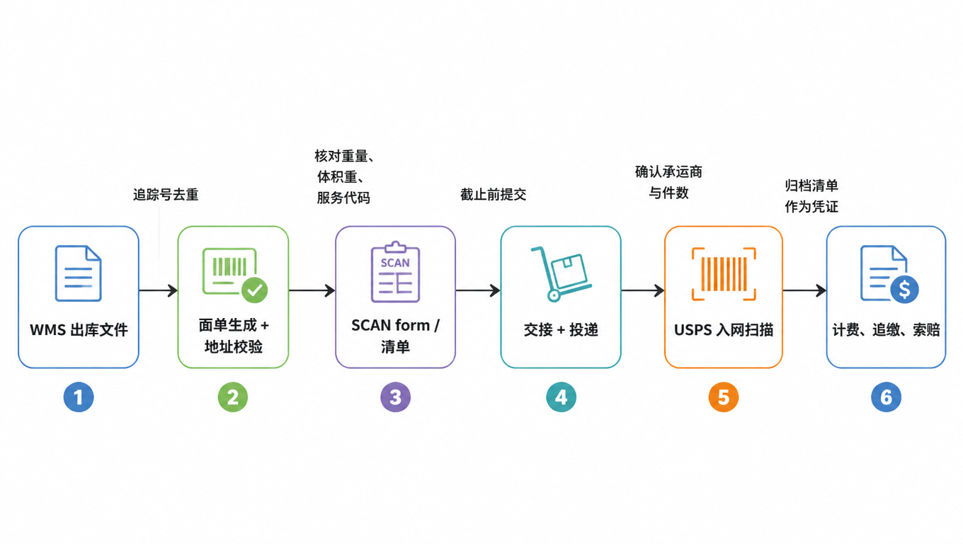 流程图：WMS 出库文件去重后生成面单并校验地址，核对重量体积重与服务代码后生成 SCAN form，截止前提交，交接时确认承运商与件数，USPS 入网扫描，最后归档清单作为计费追缴与索赔凭证