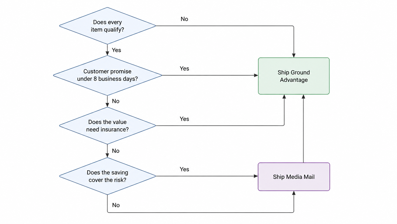 Flowchart: if not every item in the order qualifies, ship on Ground Advantage; if it qualifies, check whether the customer promise is shorter than 8 business days and ship on Ground Advantage if so; then check whether the item value needs insurance and ship on Ground Advantage if so; then check whether the price gap covers the risk, choosing Media Mail if it does and Ground Advantage if it does not