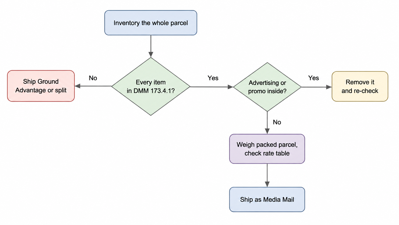 Flowchart: inventory the entire contents and check whether every item falls under the DMM 173.4.1 eligible categories; if not, switch to Ground Advantage or split the parcel; if yes, check whether advertising or promotional material is present and remove it before re-checking; once clear, weigh the packed parcel, look up the rate table, and hand it over as Media Mail