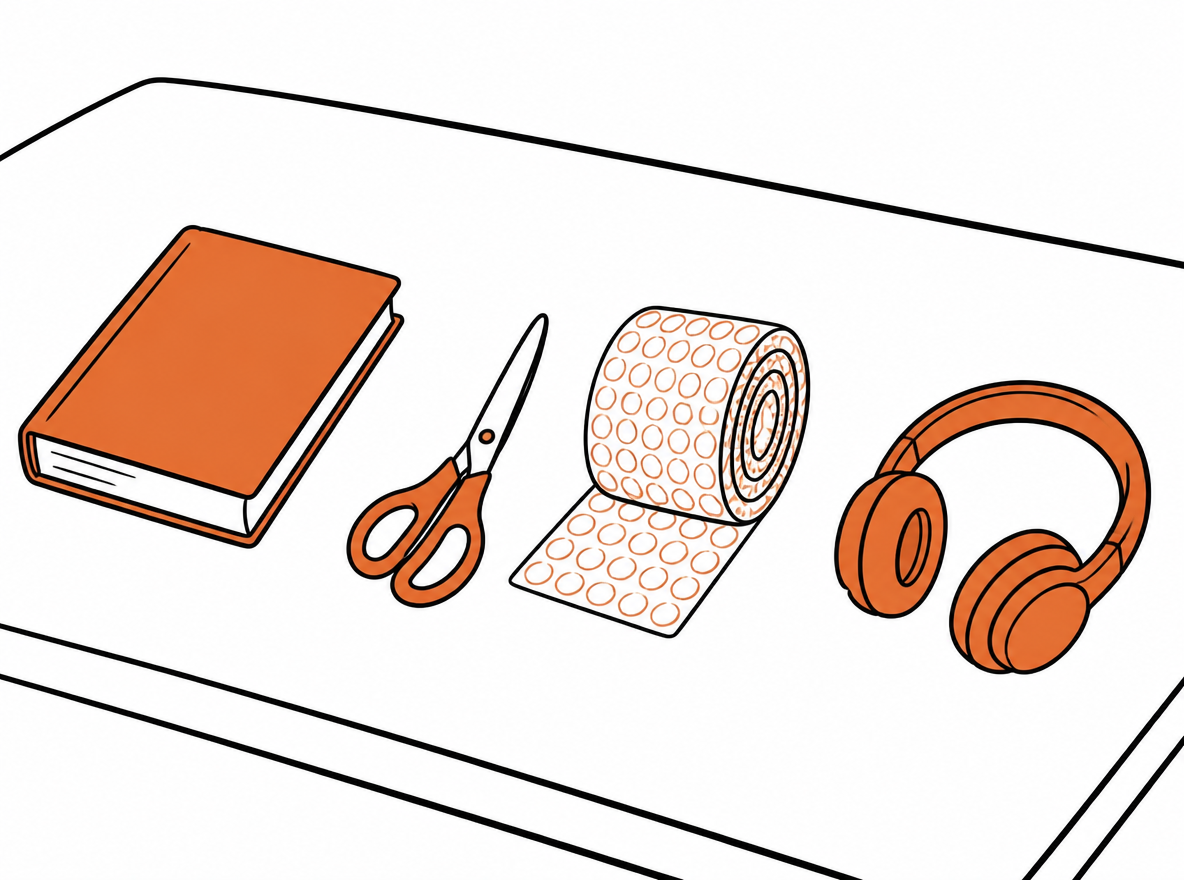 Hand-drawn editorial illustration of a paperback book and a pair of wireless earbuds lying side by side on a packing bench, a pair of scissors and a roll of bubble wrap between them, a slightly off-centre composition, ink linework filled with a single orange tone, generous white space and a lightly imperfect handmade line.