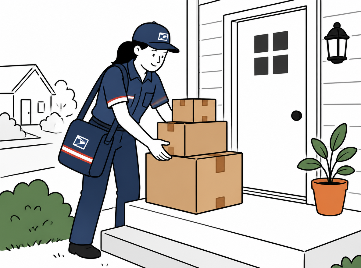 A USPS mail carrier in uniform collecting a stack of cardboard parcels from the front porch of a small ecommerce seller's home