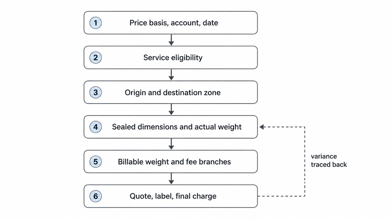 USPS rate-input audit chain: price basis and account, service eligibility, origin and destination zone, sealed dimensions and actual weight, billable weight and fee branches, quote and final charge, with variance traced back to measurement