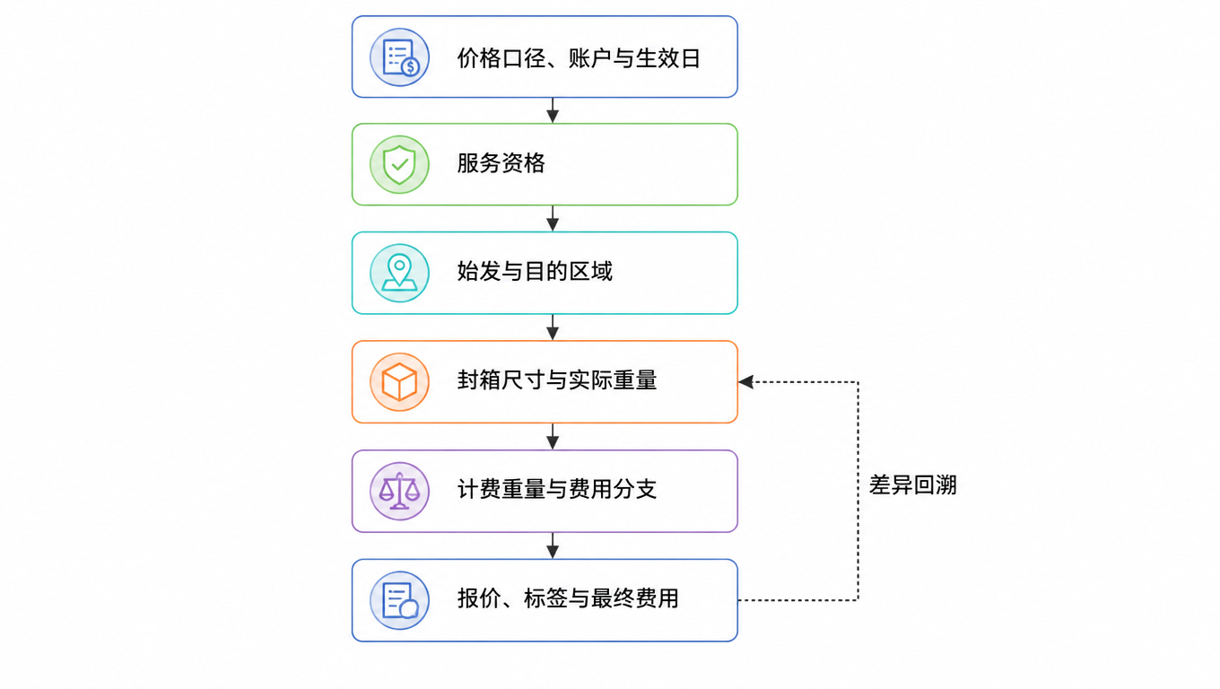 USPS 计费输入审核链流程图:价格口径与账户、服务资格、始发与目的区域、封箱尺寸与实际重量、计费重量与费用分支、报价与最终费用,差异回溯到测量环节