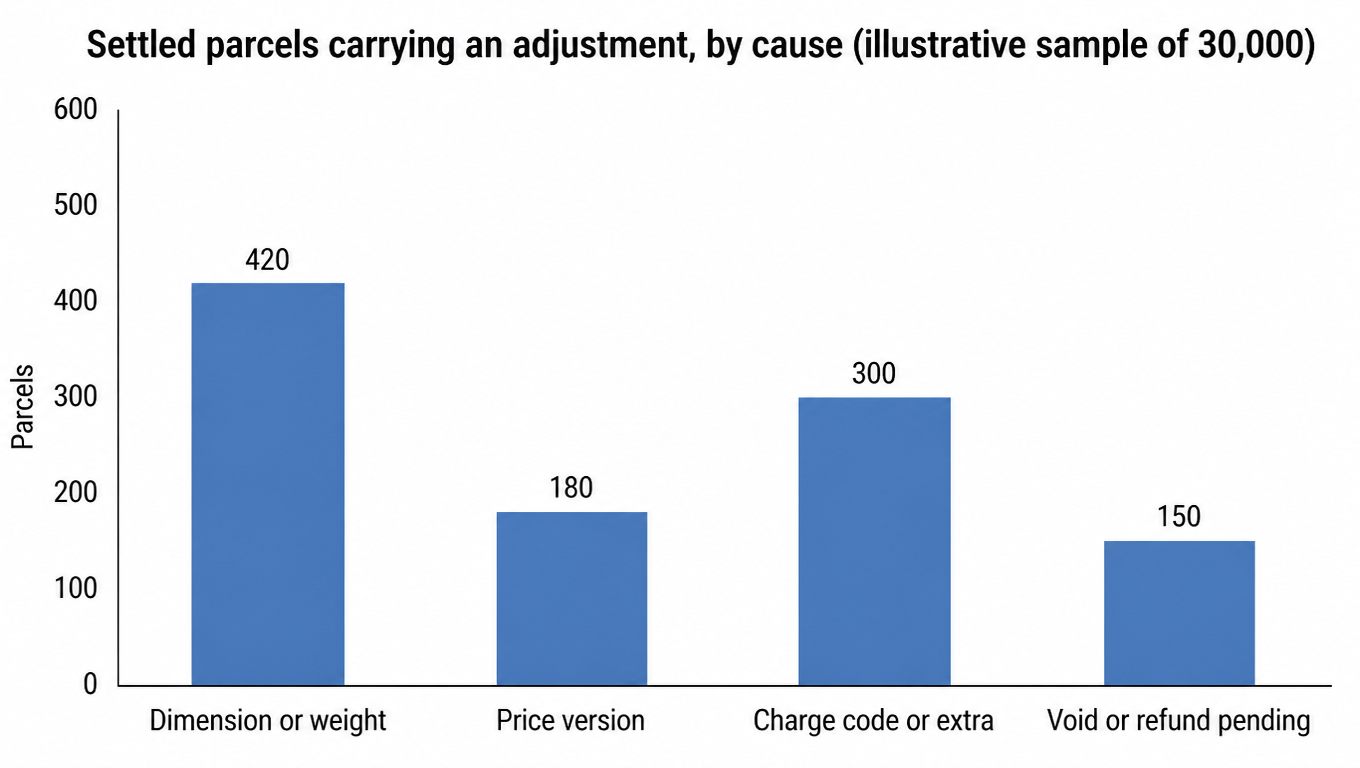 Bar chart of a 30,000 parcel sample: 420 adjustments from dimension or weight, 300 from a charge code or extra service, 180 from a price version, 150 from a pending void or refund