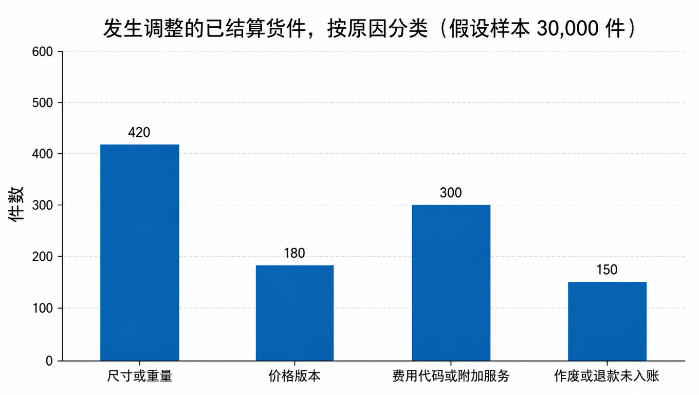 柱状图:假设样本 30,000 件已结算货件中,尺寸或重量 420 件、费用代码或附加服务 300 件、价格版本 180 件、作废或退款未入账 150 件