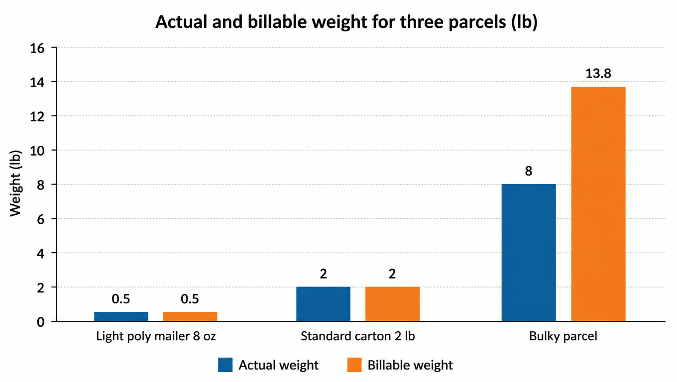 Grouped bar chart comparing actual and billable weight for three parcels: a light poly mailer at 8 ounces against 8 ounces, a standard carton at 2 pounds against 2 pounds, and a bulky parcel at 8 pounds against a 13.8 pound dimensional weight
