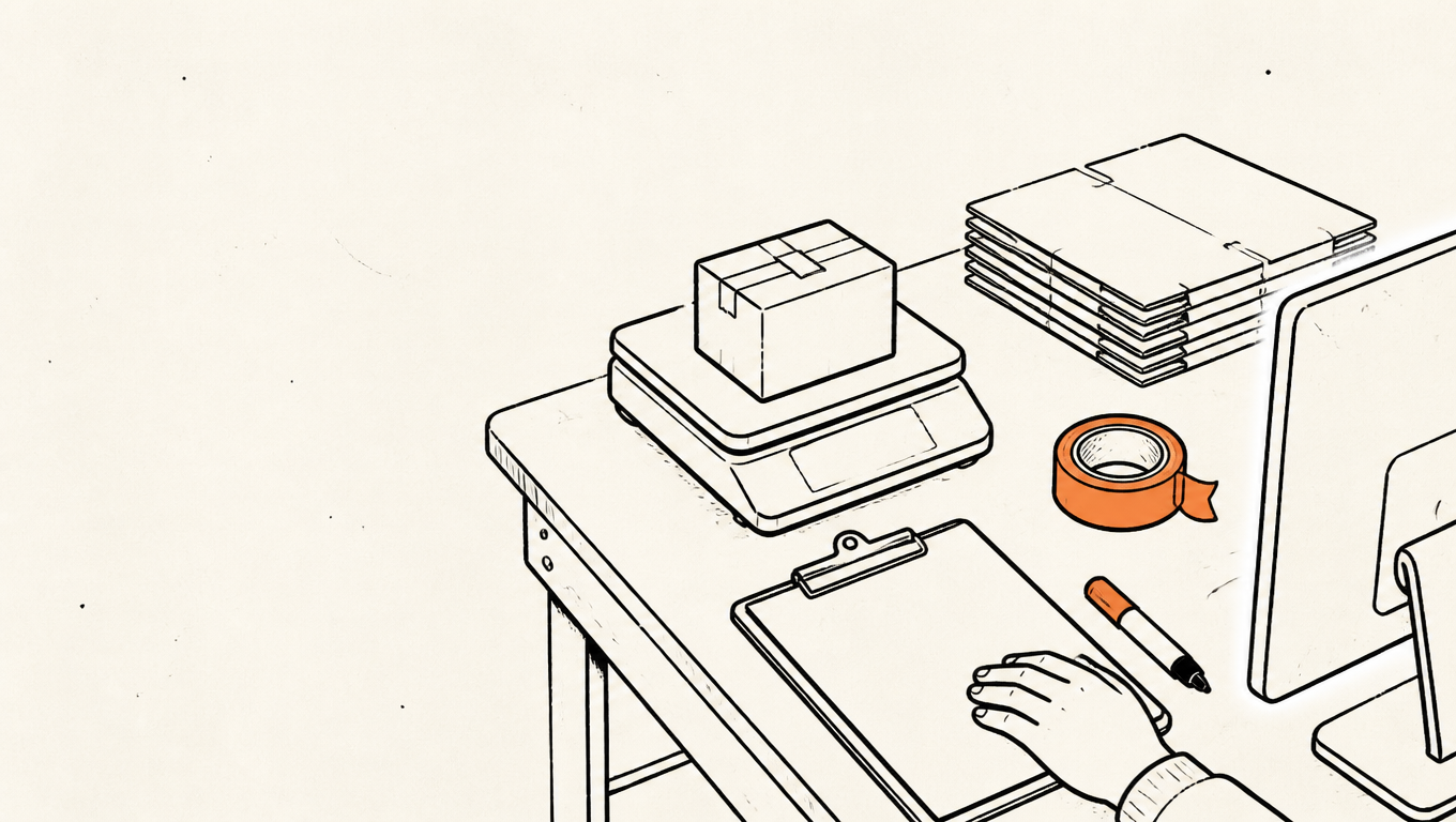 Editorial illustration seen slightly from above: an ecommerce packing desk with an order card marked PR at the edge of a screen, a small bench scale, a labeled box, a roll of tape and a pen, with only the hand holding the pen in frame, black ink linework with a single orange accent and a faint paper grain.