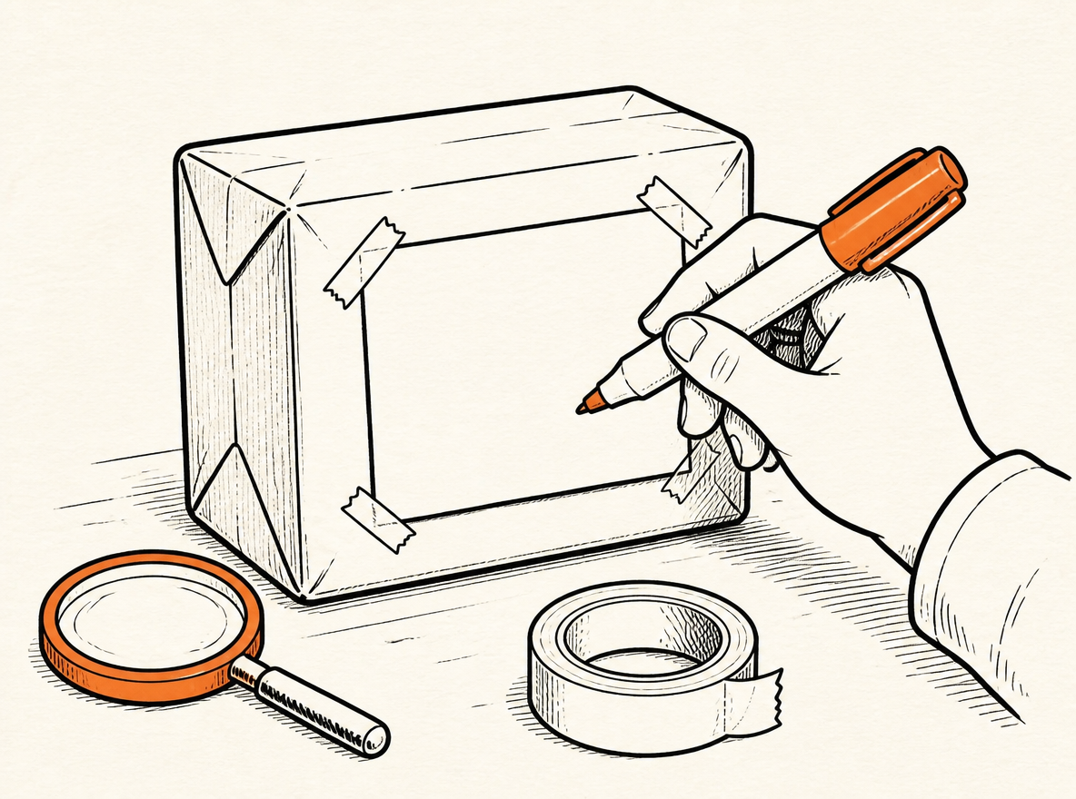 Hand-drawn editorial cartoon of a blank label taped to a small parcel, a hand holding a marker paused above the middle line of the label, with a magnifier and a roll of tape beside it, loose ink contours with intentional imperfections, orange used only on the marker cap and the magnifier rim, warm paper background and no lettering or numerals in the image.
