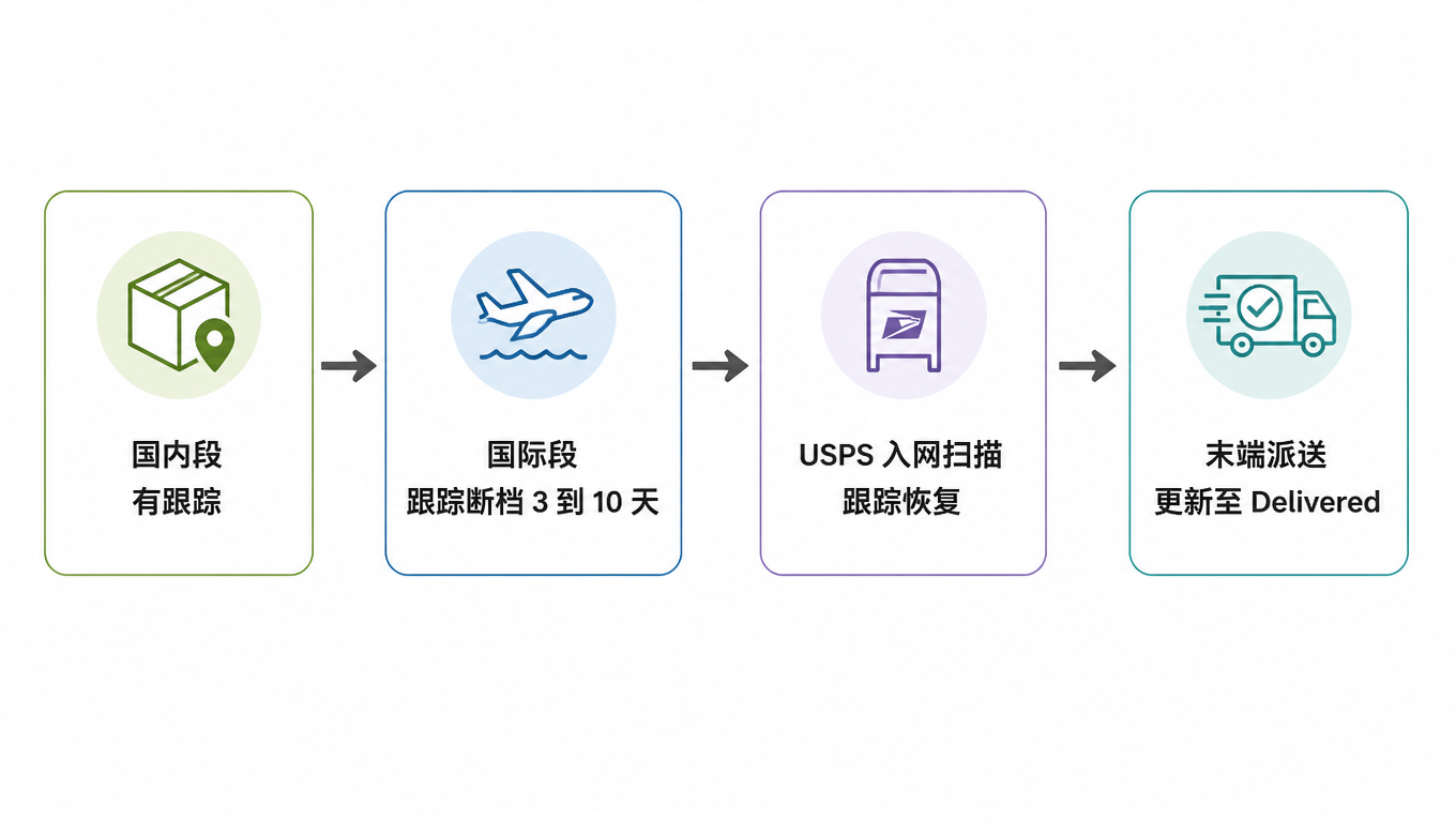 跨境三段旅程图:国内段有跟踪,国际段跟踪断档 3 到 10 天,USPS 入网扫描后跟踪恢复,末端派送更新至 Delivered