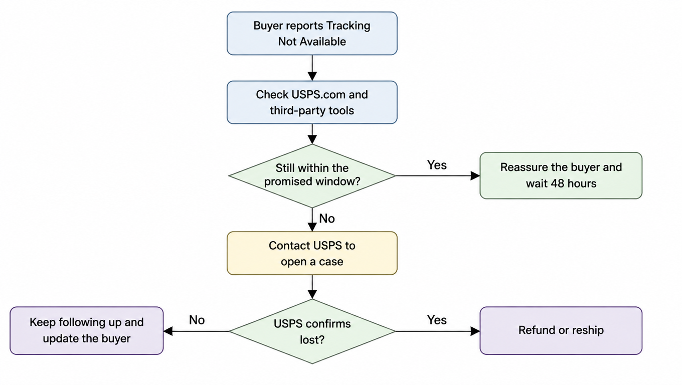 Exception handling flowchart for sellers: buyer reports Tracking Not Available, check USPS.com and third-party tools, decide if still within the promised window, reassure and wait 48 hours or open a USPS case, refund or reship if confirmed lost