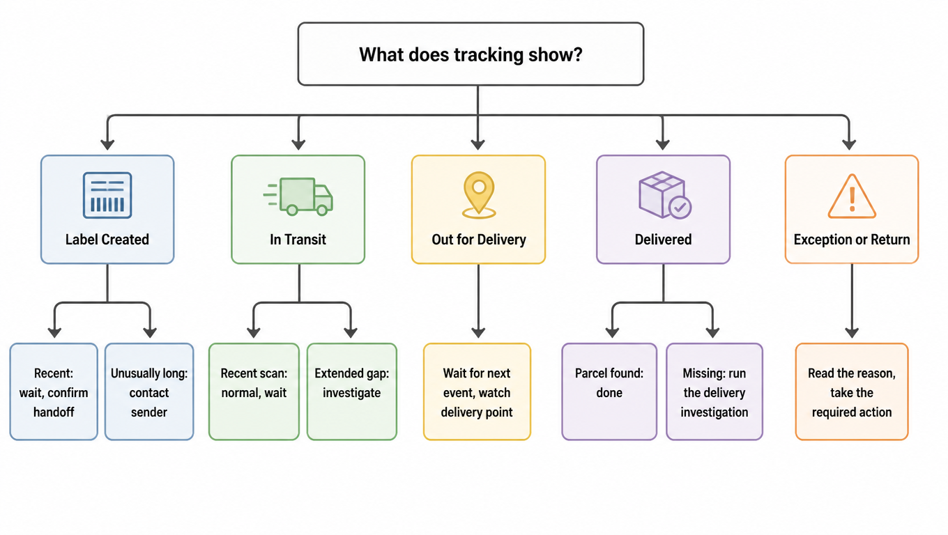 USPS tracking decision tree covering Label Created, In Transit, Out for Delivery, Delivered and Exception statuses.