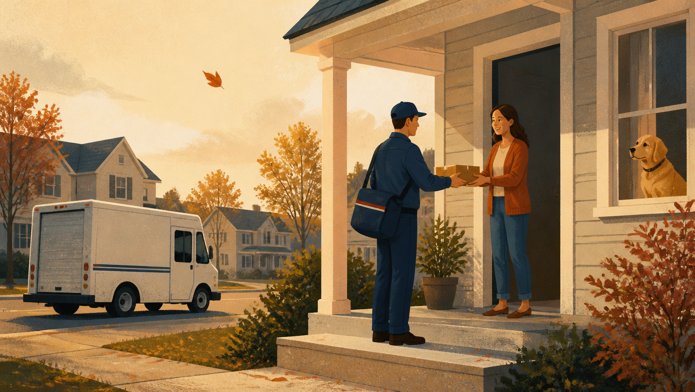 Postal carrier hands a barcoded parcel to a recipient on a neighborhood street.