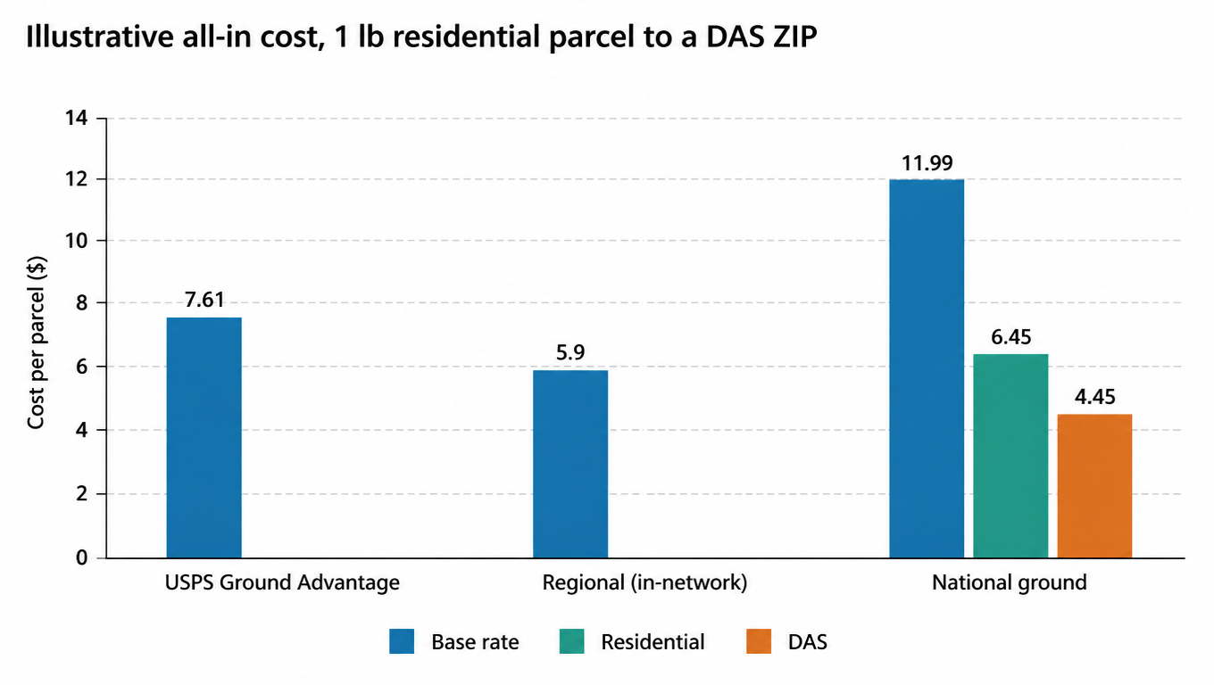 Stacked bar chart: illustrative all-in cost for a 1 lb residential parcel to a DAS ZIP, USPS Ground Advantage $7.61, regional carrier $5.90, national ground $22.89, of which $6.45 residential and $4.45 DAS, in dollars