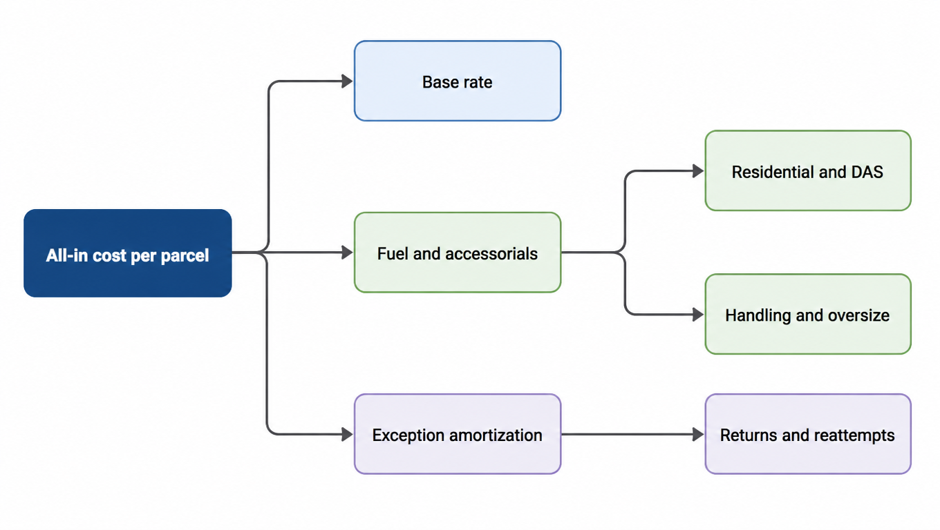 Flowchart: all-in cost per parcel splits into base rate, fuel and accessorials, and exception amortization; fuel and accessorials break into residential and DAS plus handling and oversize; exception amortization breaks into returns and reattempts