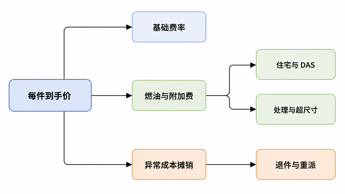 流程图:每件到手价由基础费率、燃油与附加费、异常成本摊销三条支路构成;燃油与附加费下分住宅与 DAS、处理与超尺寸;异常成本摊销下分退件与重派