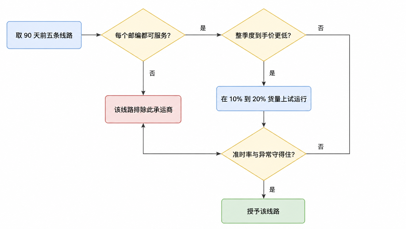 决策流程图:从 90 天记录取前五条线路;每个邮编是否全部可服务(否:该线路排除该承运商);整季度到手价是否更低(否:排除);是则在 10% 到 20% 货量上试运行;准时率与异常是否守住(否:排除);是则授予该线路