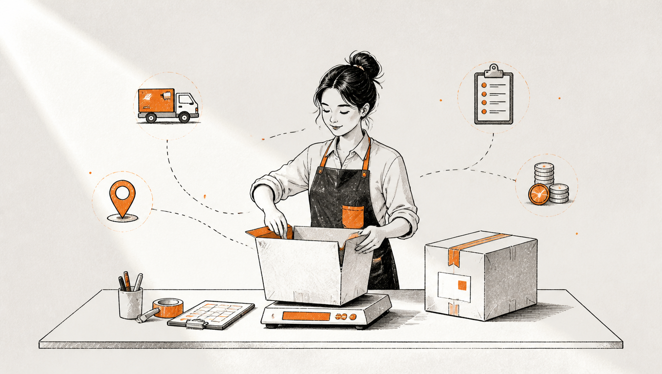 Shipper at a packing bench surrounded by label, truck, map, coin and checklist icons.