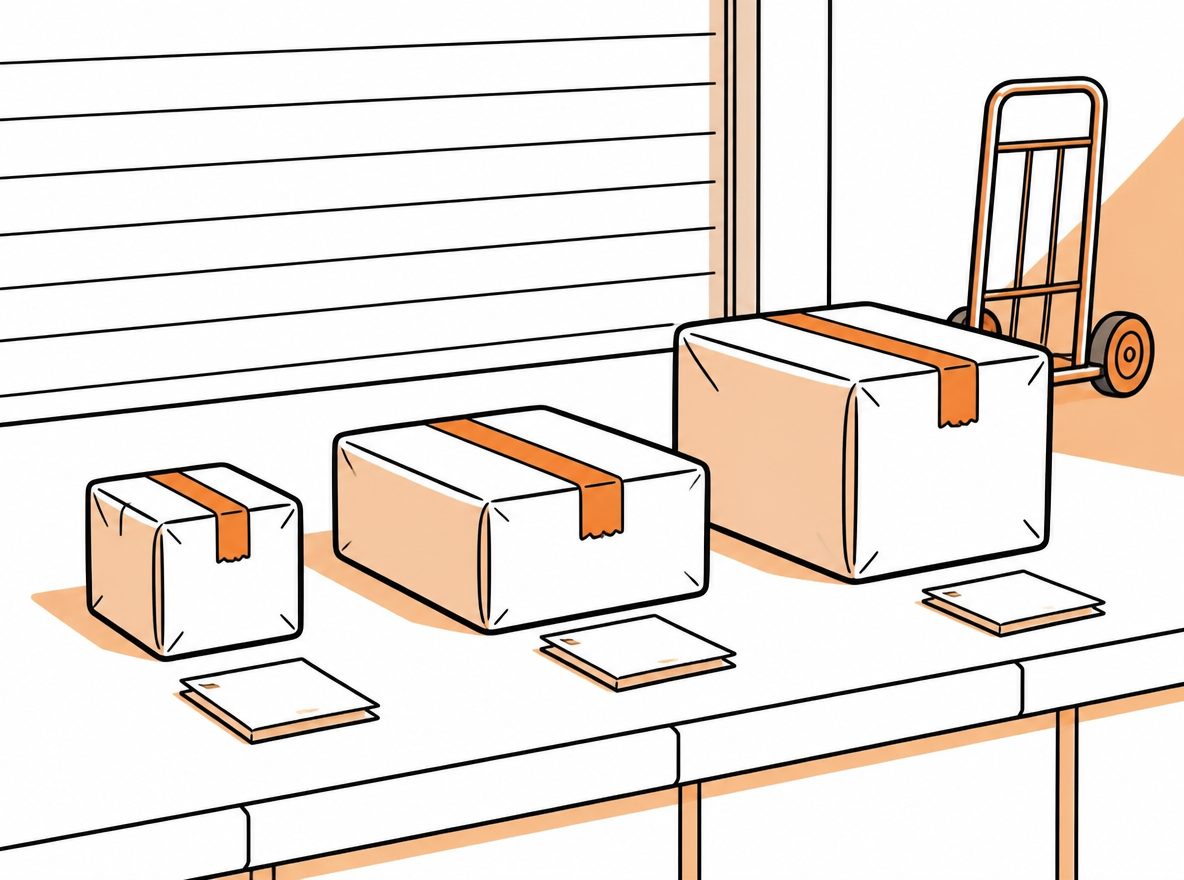 Three differently sized parcels with stacks of blank labels on a warehouse dock bench.