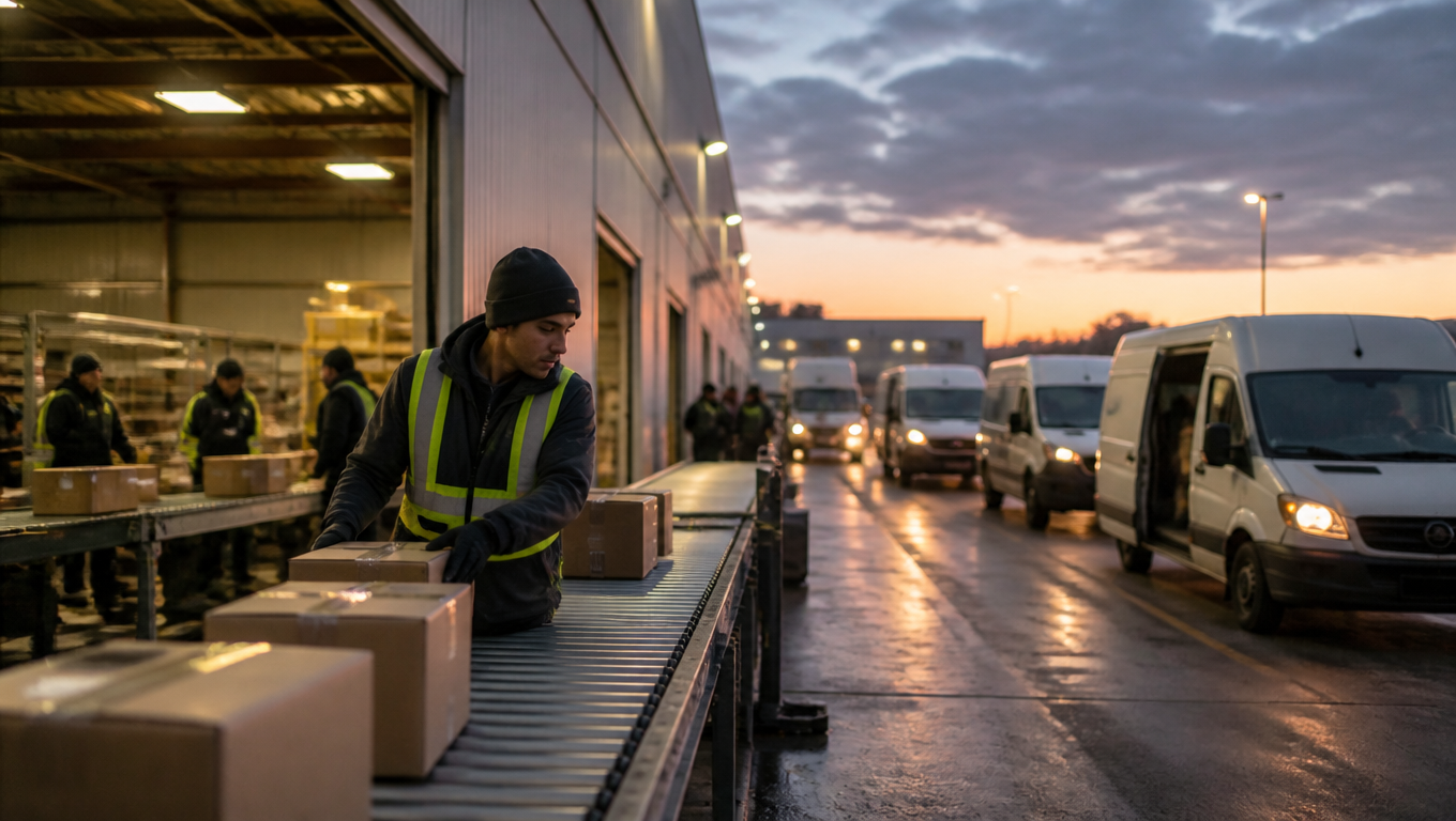A regional parcel sort facility at dawn, workers loading boxes onto a conveyor line with delivery vans waiting outside