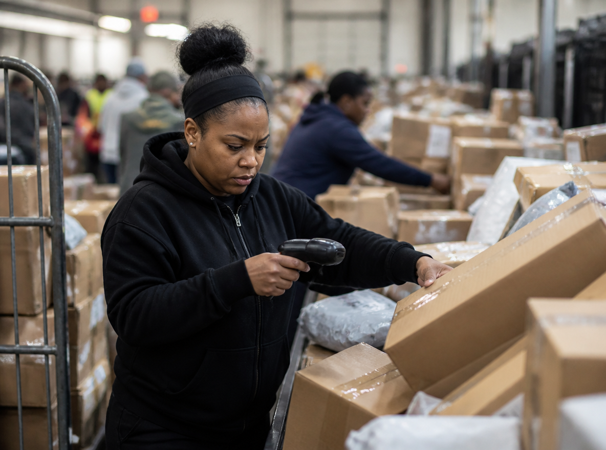 Overflowing parcel sort lines in a warehouse during the holiday rush, workers scanning boxes with handheld devices
