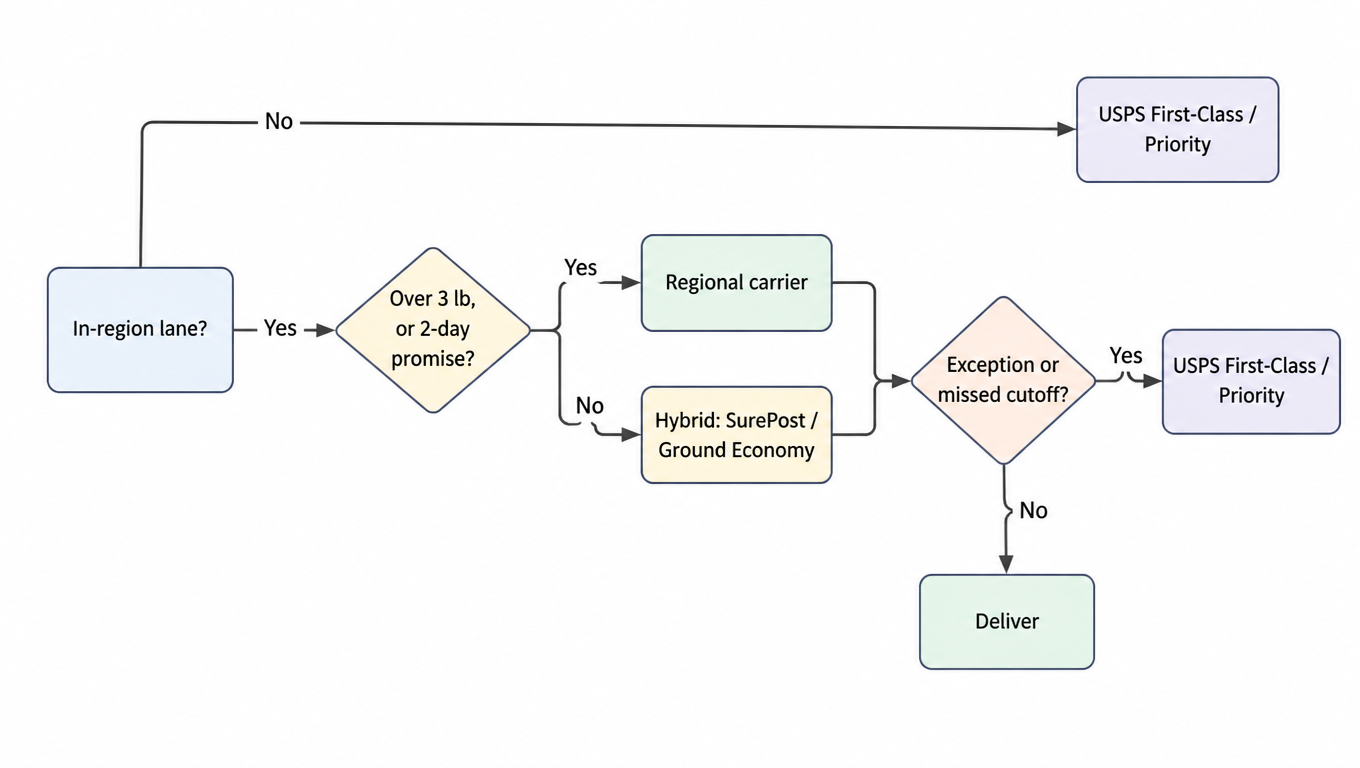 Routing decision flowchart: in-region lane? No goes to USPS First-Class/Priority; Yes then over 3 lb or 2-day promise? Yes goes to regional carrier, No goes to hybrid; exception or missed cutoff falls back to USPS