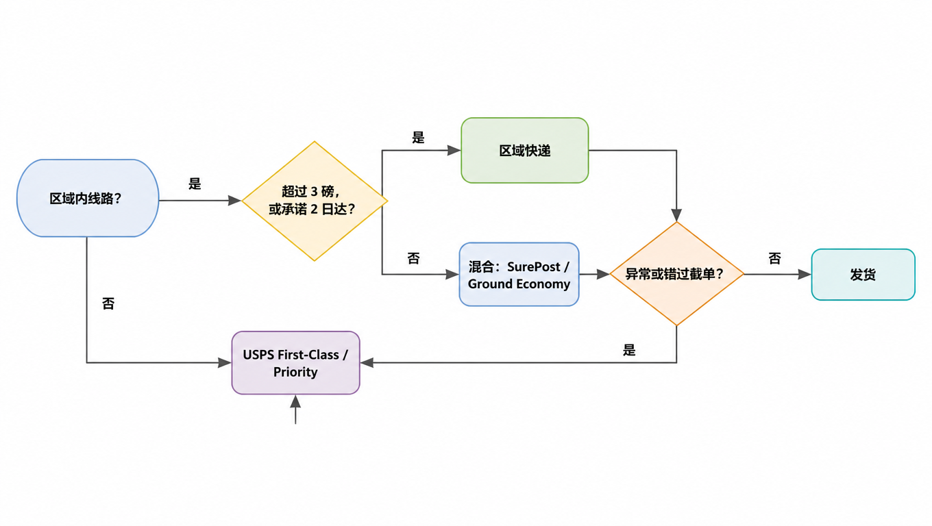 路由决策流程图:区域内线路?否走 USPS;是则看是否超过 3 磅或承诺 2 日达,是走区域快递,否则走混合服务;异常或错过截单则回退 USPS