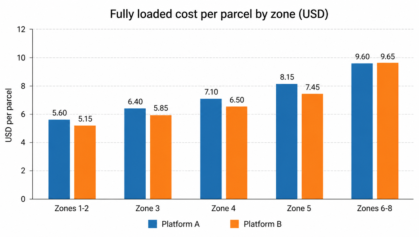 Bar chart: fully loaded cost per parcel by zone for platform A vs platform B, short and medium zones about 8 to 9 percent cheaper on B, long-haul zones 6-8 slightly more expensive