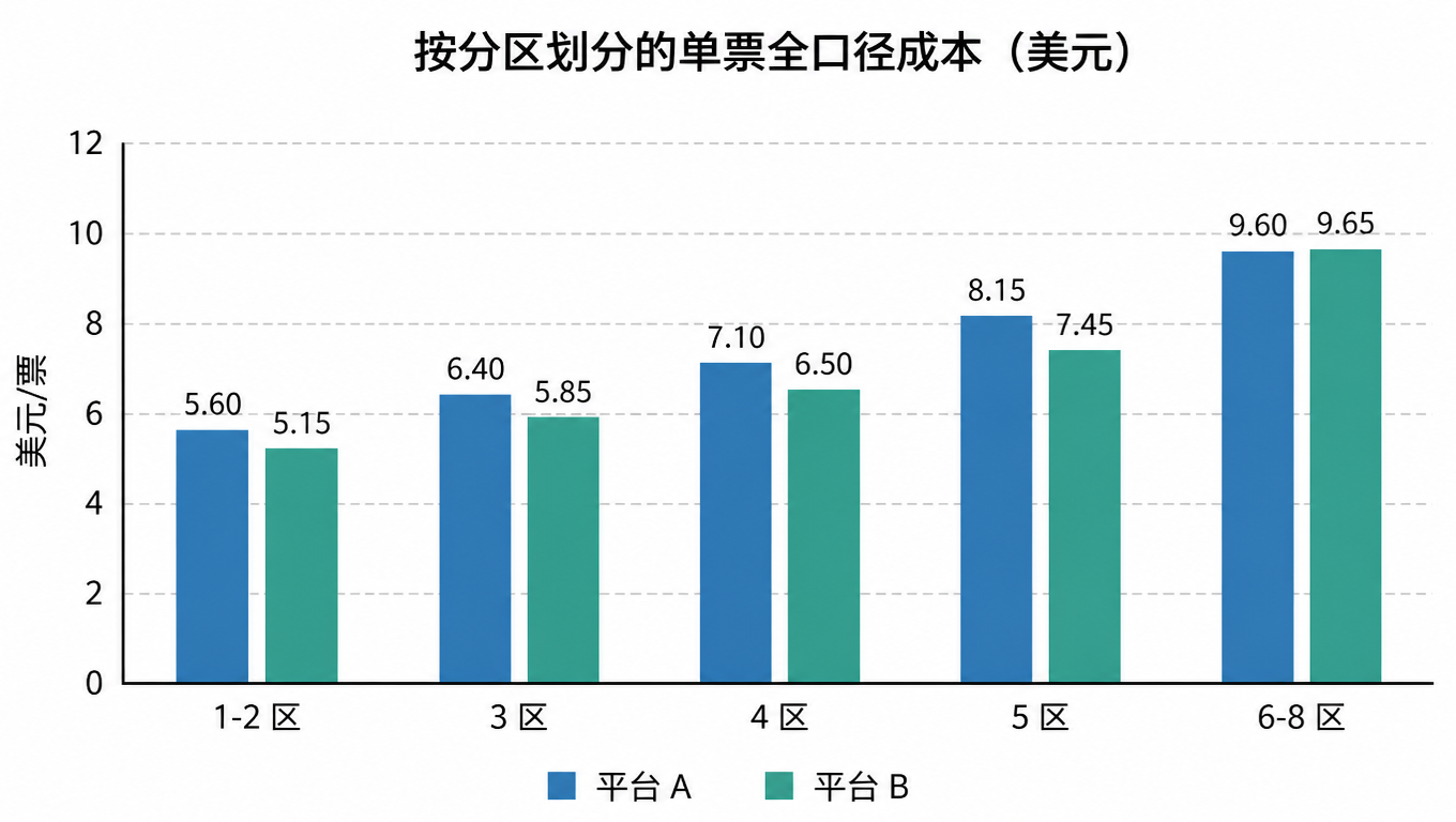 柱状图：按分区对比平台 A 与平台 B 的单票全口径成本，短途和中等分区平台 B 便宜 8% 到 9%，6-8 区长途分区平台 B 略贵
