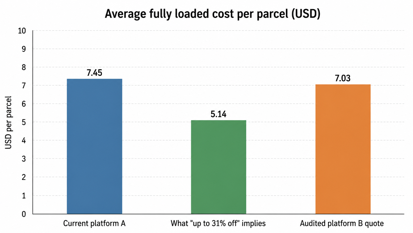 Bar chart: current platform A averages 7.45 USD fully loaded per parcel, what up to 31 percent off implies 5.14 USD, audited platform B quote 7.03 USD