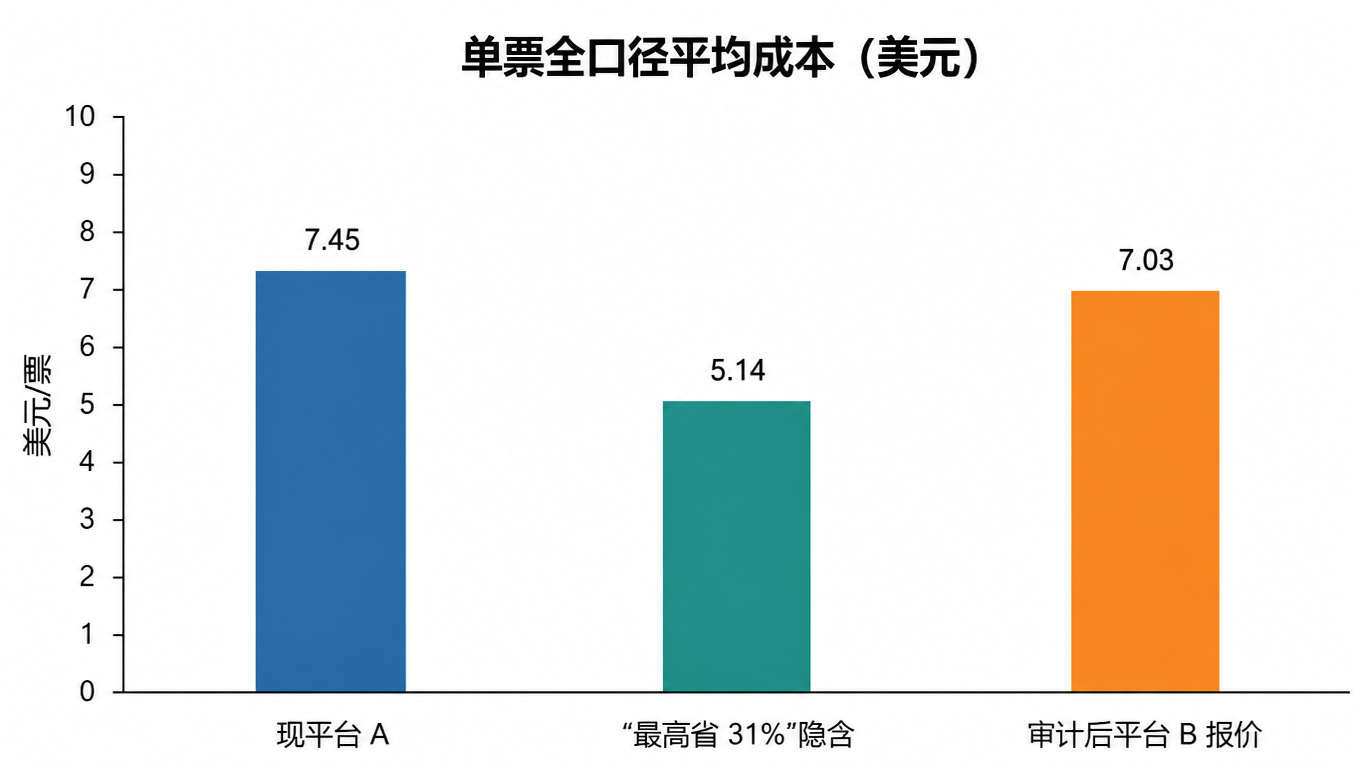 柱状图：现平台 A 单票全口径平均成本 7.45 美元，最高省 31% 隐含 5.14 美元，审计后平台 B 报价 7.03 美元