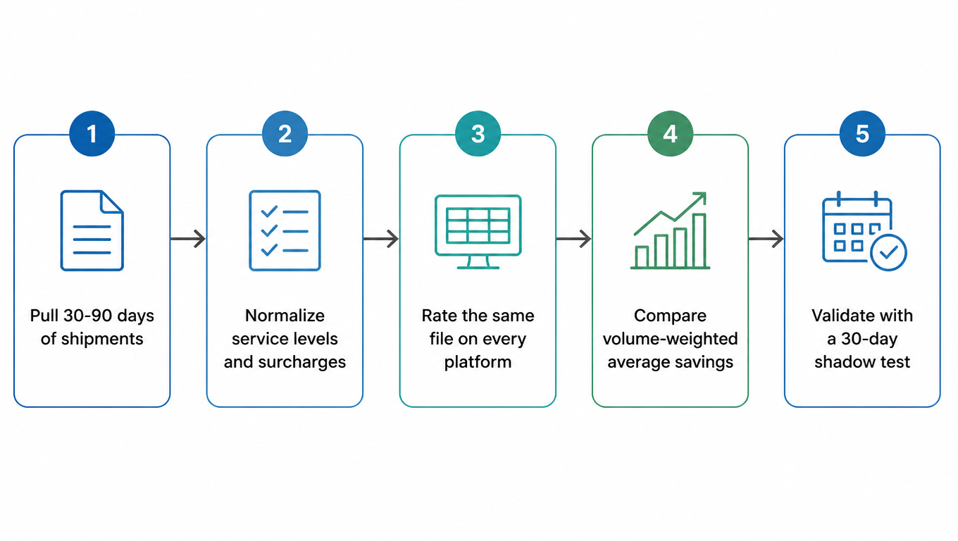 Flowchart: pull 30-90 days of shipments, normalize service levels and surcharges, rate the same file on every platform, compare volume-weighted average savings, validate with a 30-day shadow test