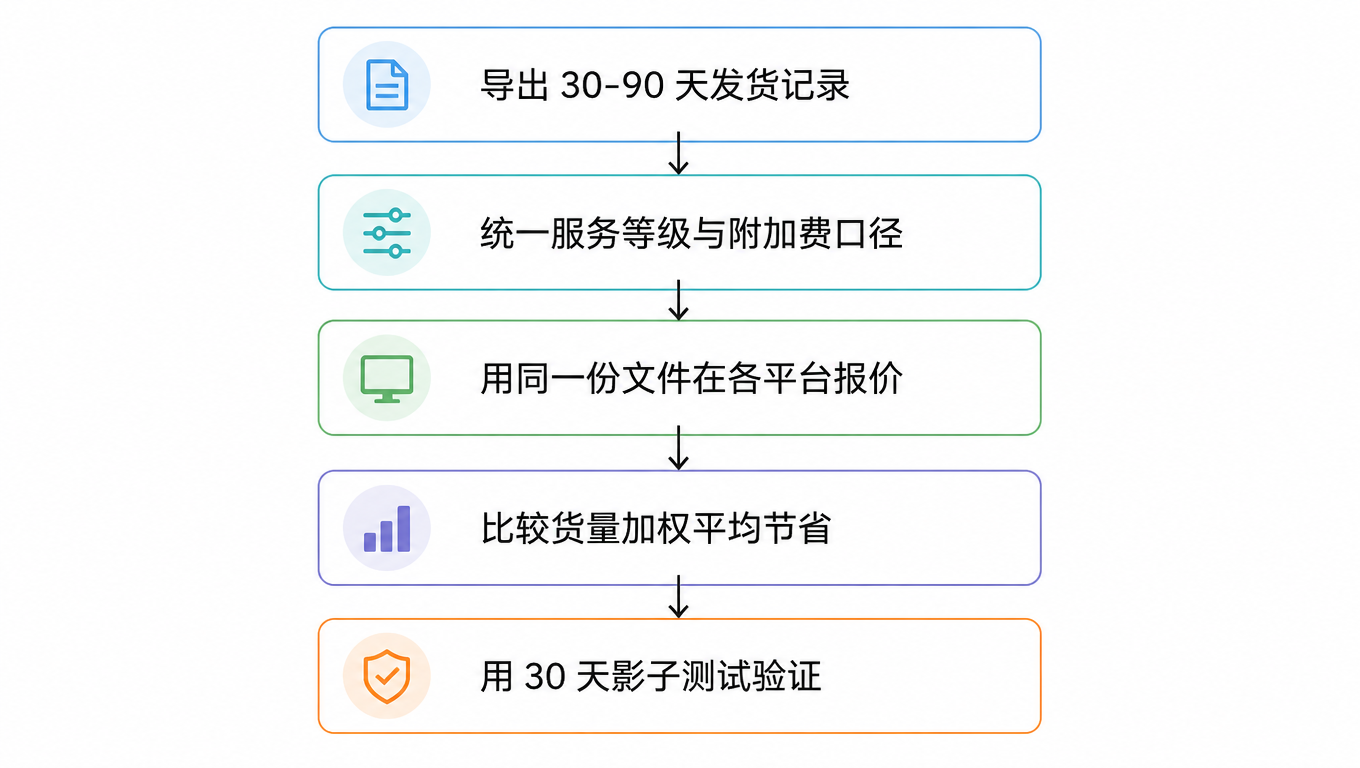 流程图：导出 30-90 天发货记录，统一服务等级与附加费口径，用同一份文件在各平台报价，比较货量加权平均节省，用 30 天影子测试验证