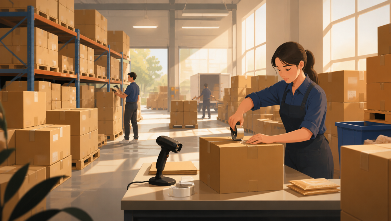 Ecommerce warehouse with neatly stacked boxes, a scanner and workers packing orders.
