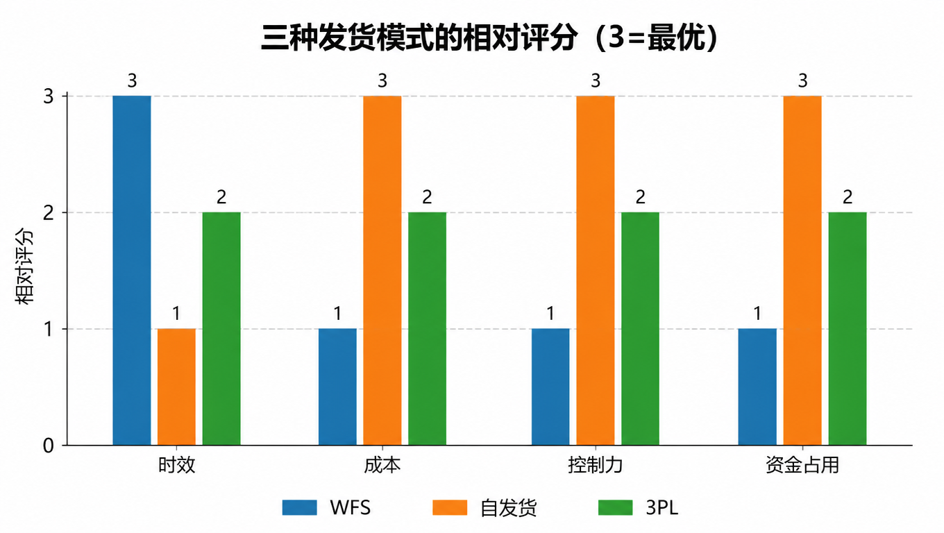 柱状图:三种发货模式的相对评分,时效、成本、控制力、资金占用四个维度,WFS、自发货、3PL 对比,3 分最优