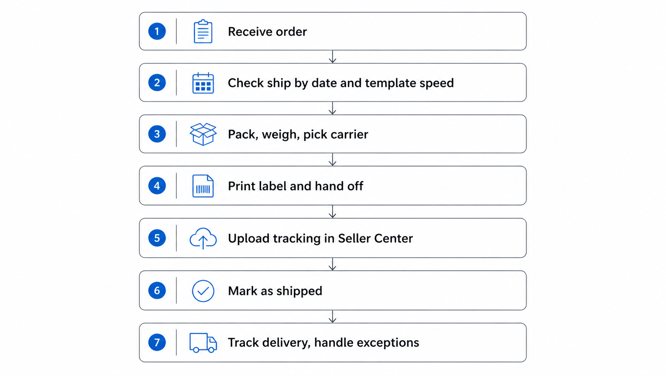 Flowchart of the seller-fulfilled process: receive order, check ship by date and template speed, pack and weigh and pick carrier, print label and hand off, upload tracking in Seller Center, mark as shipped, track delivery and handle exceptions