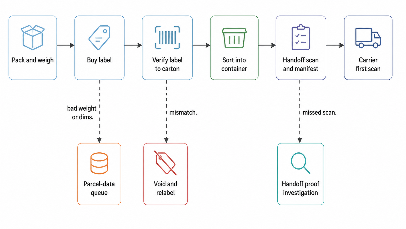 Outbound control flow with three verification gates: pack and weigh, buy label, verify label to carton, sort into container, handoff scan and manifest, carrier first scan; dashed branches lead to the parcel-data queue, void and relabel, and handoff proof investigation