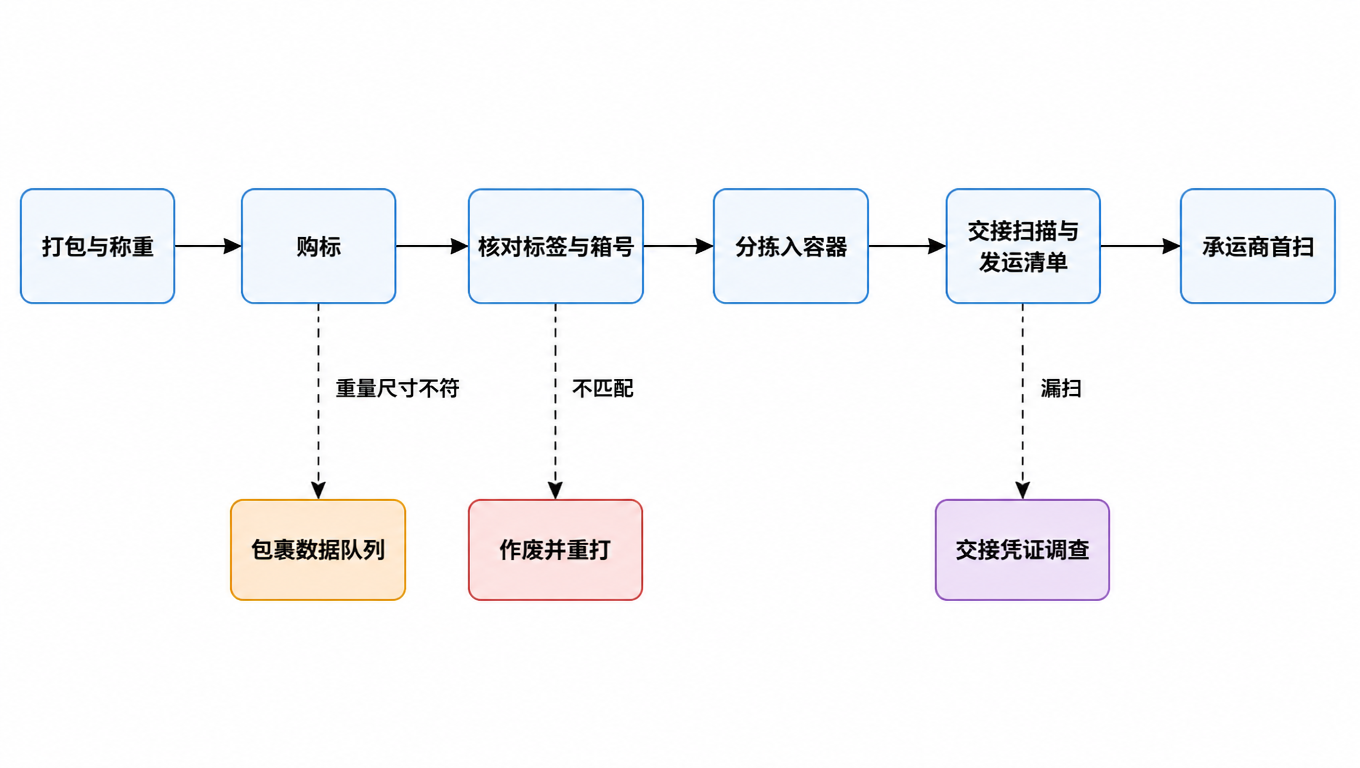 出库控制流与三个校验关口:打包称重、购标、核对标签与箱号、分拣入容器、交接扫描与发运清单、承运商首扫;虚线分支指向包裹数据队列、作废并重打、交接凭证调查