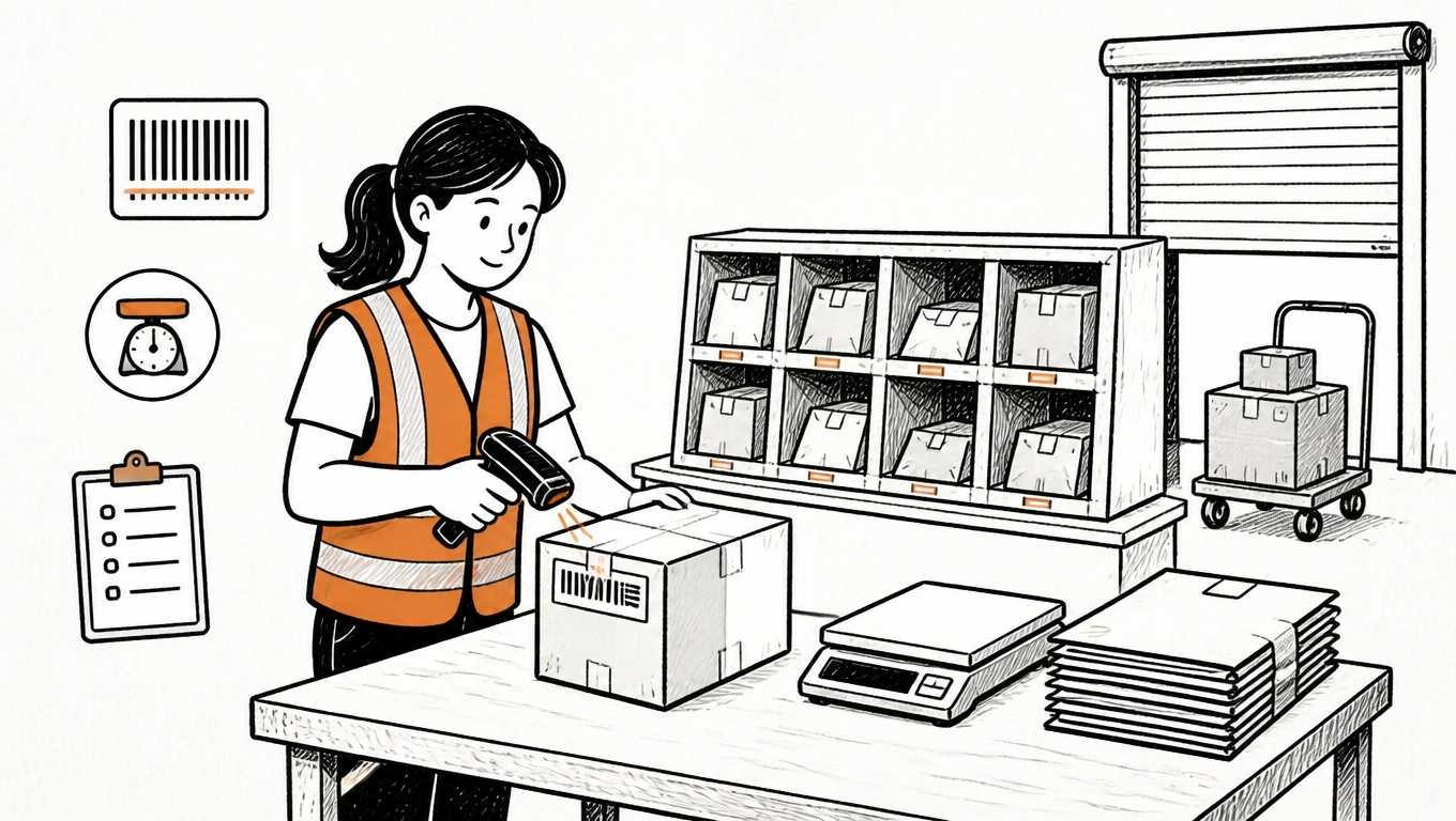 Illustration of a warehouse outbound line where operators scan, weigh, and hand off parcels