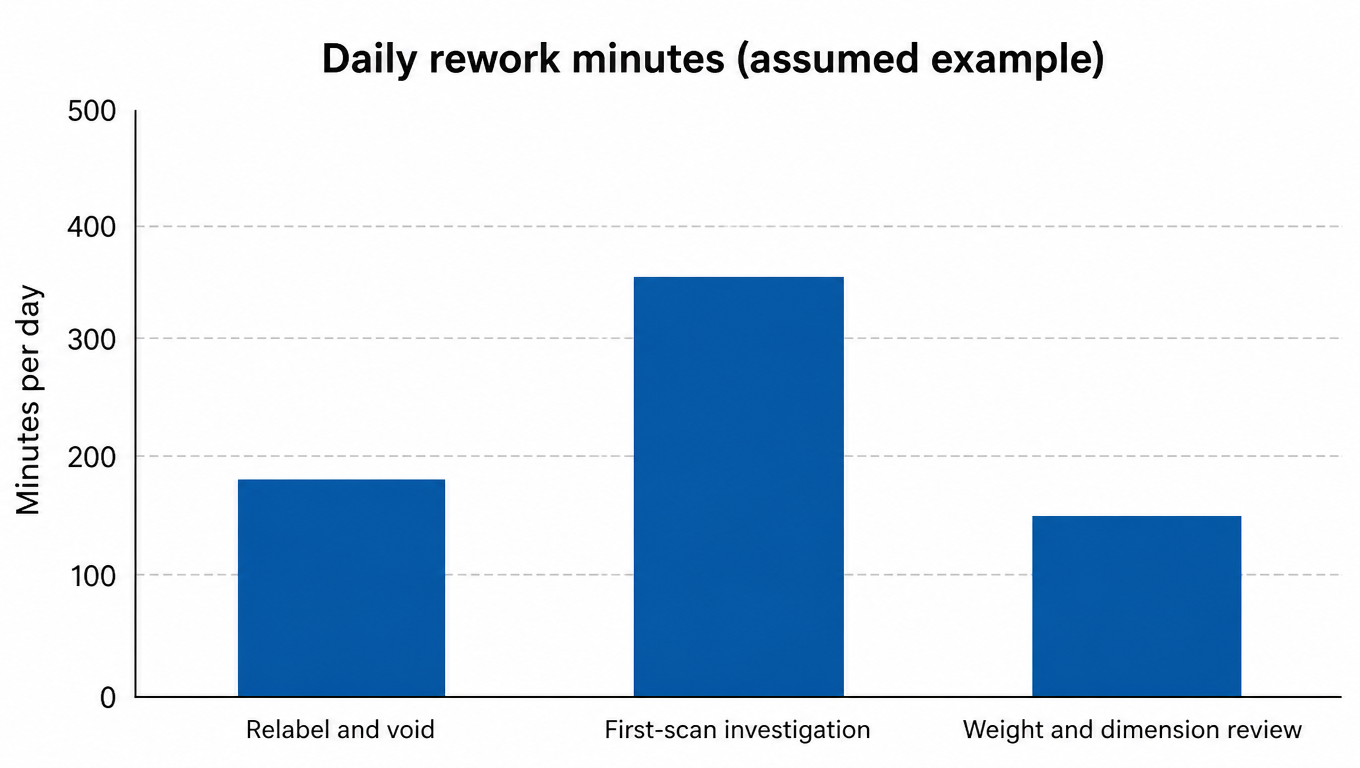 Bar chart of rework minutes in the assumed example: relabel and void 180 minutes, delayed first-scan investigation 360 minutes, weight and dimension review 150 minutes