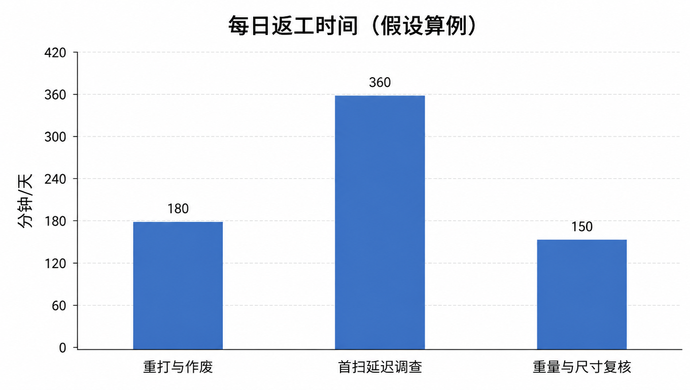 假设算例的返工时间柱状图:重打与作废 180 分钟、首扫延迟调查 360 分钟、重量与尺寸复核 150 分钟