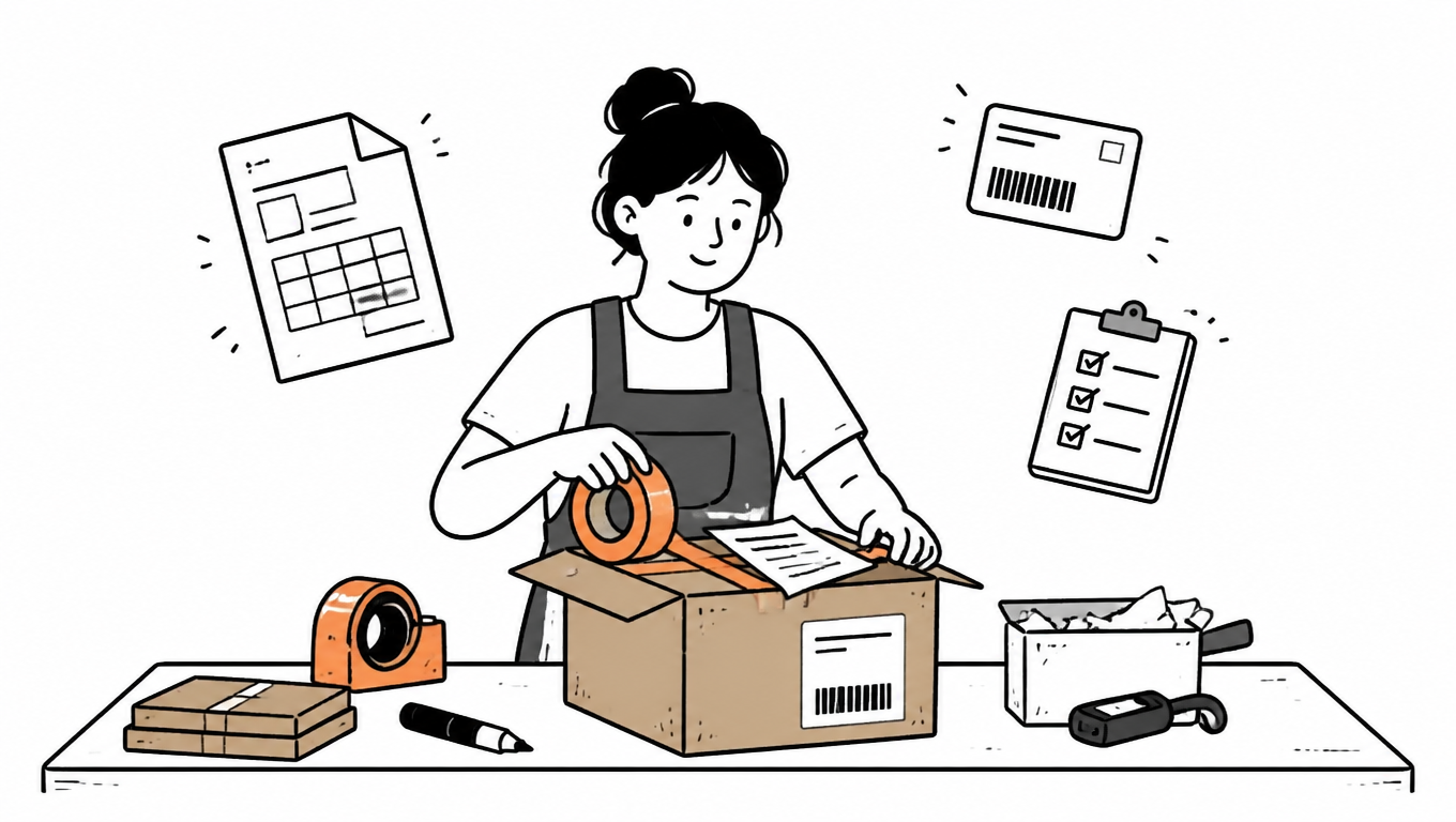 Editorial illustration of a packer at a bench sealing a box with tape, a folded packing slip resting on top of the contents inside, a barcode label already on the side of the box, small floating icons of an order sheet, a barcode label and a checklist around the figure.