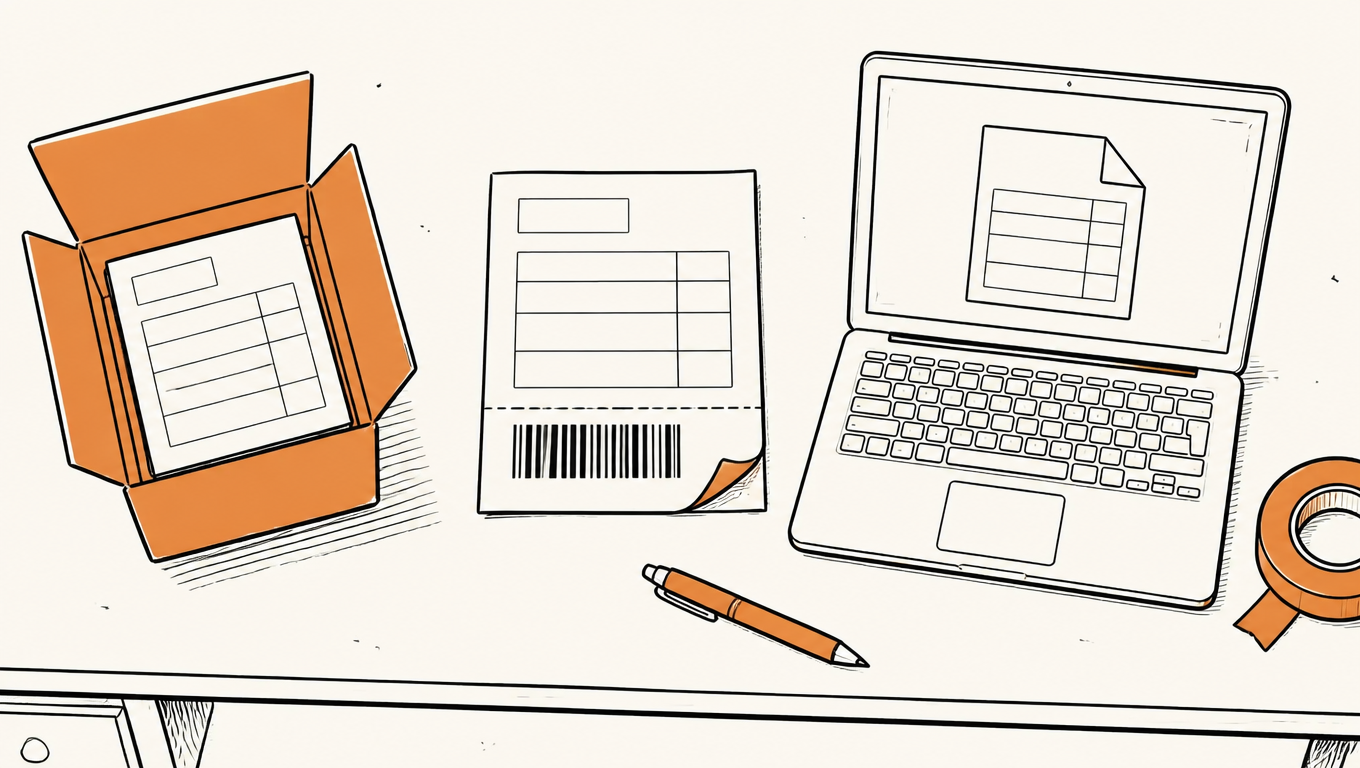 Hand-drawn editorial illustration, top-down view of a packing bench with three documents side by side: a folded slip inside a small open carton on the left, a rectangular barcode label with a dashed cut line in the middle, and a laptop showing a document icon on the right, with a pen and a tape roll at the edge.