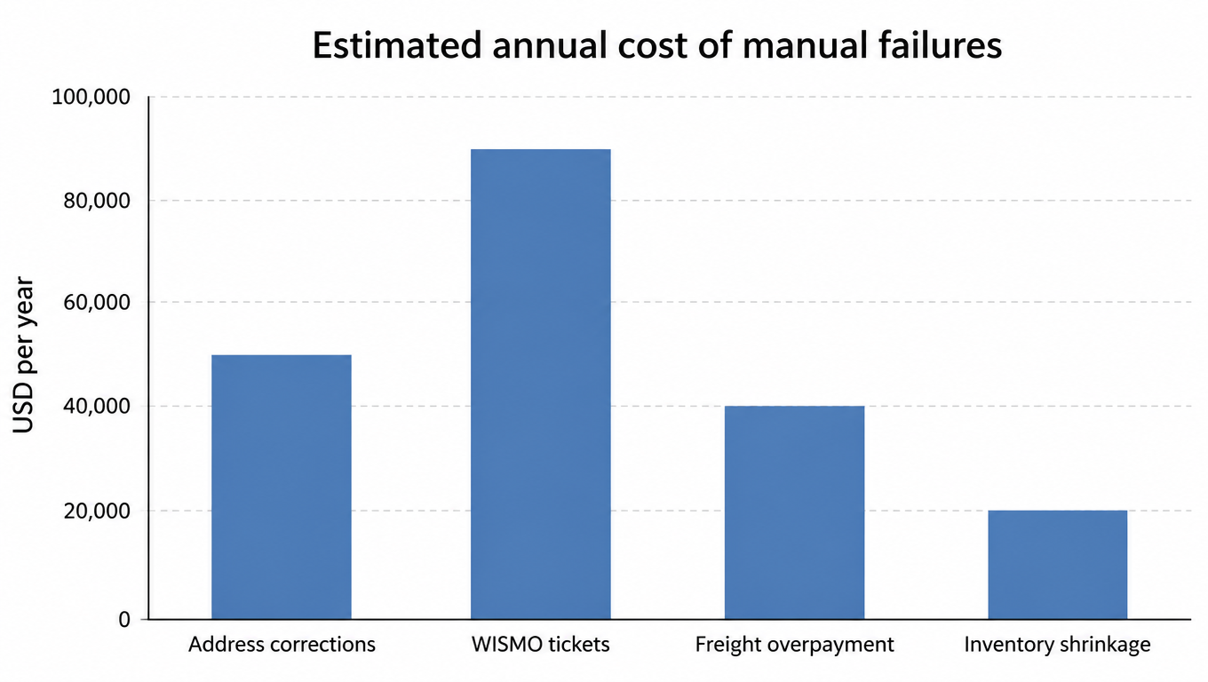 Bar chart of estimated annual cost of manual failures: address corrections 50k, WISMO tickets 90k, freight overpayment 40k, inventory shrinkage 20k USD