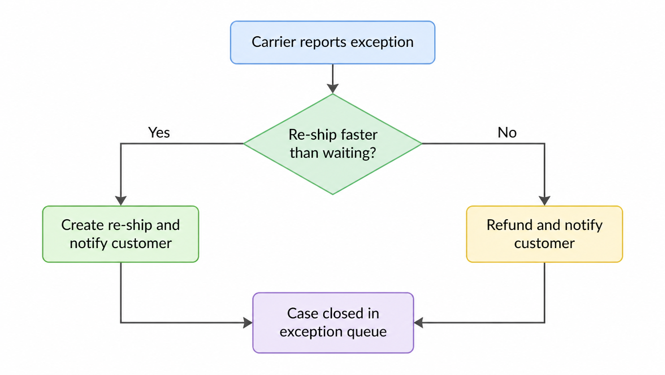 Decision flow: carrier reports an exception, decide whether a re-ship arrives faster than waiting, create re-ship and notify or refund and notify, case closed in the exception queue